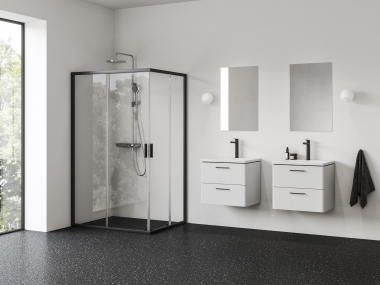 Dušo durys Ravak Blix II NBLRV2K-80, juodu profiliu, skaidriu stiklu. Dušo kabiną sudaro du gaminiai, perkami atskirai 